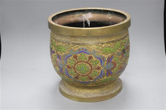 A Chinese champleve enamelled gilt metal jardiniere, height 26cm, diameter 26cm